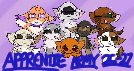 Amazing 2026-2027 Apprentice Army Art By Shrubsong A drawing of many multicolored cats standing up or looking down, with a violet background and blue text reading APPRENTICE ARMY 26-27 in bold and underlined. I would describe more but unfortunately this alt text is limited…