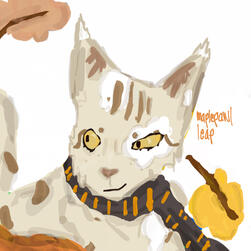 a blonde cat with amber eyes and brown markings of a tabby, on the background of white with autumn leaves
